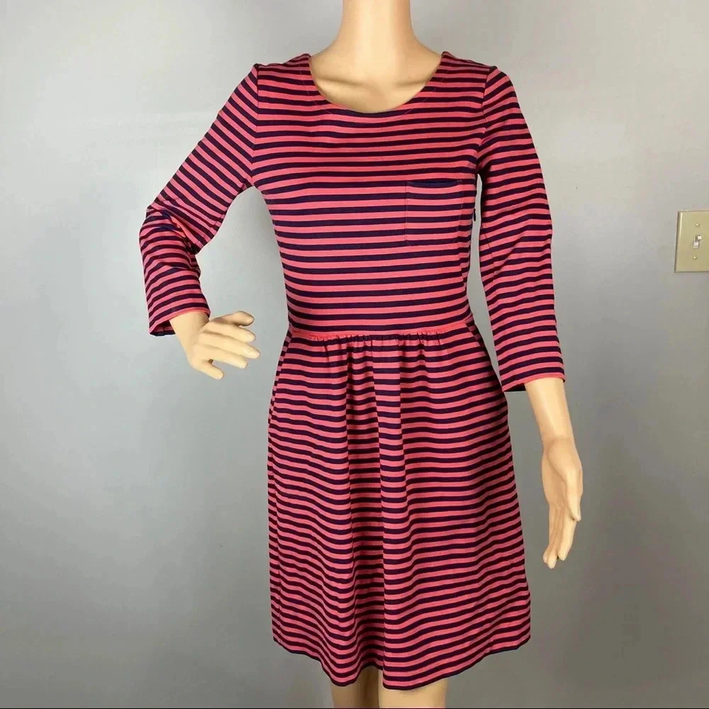 J. Crew Women's Size 4 Long Sleeve Striped Dress Pockets Navy/Coral